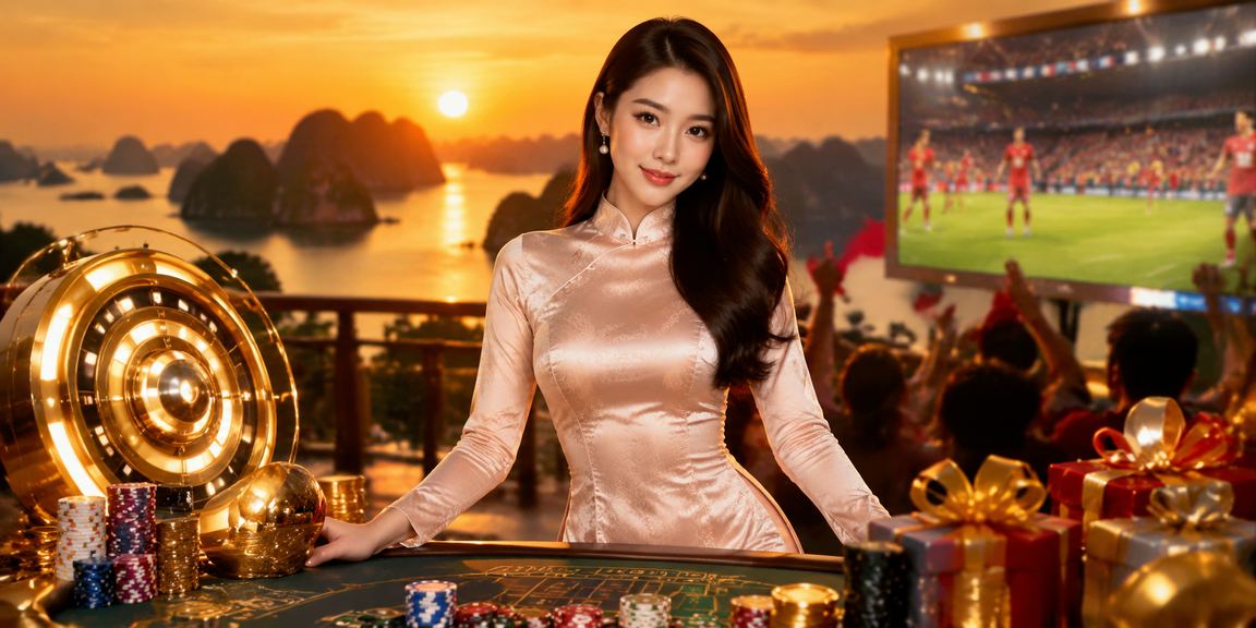 Phụ nữ mặc áo dài bên vịnh Hạ Long sử dụng ứng dụng casino cao cấp trên điện thoại