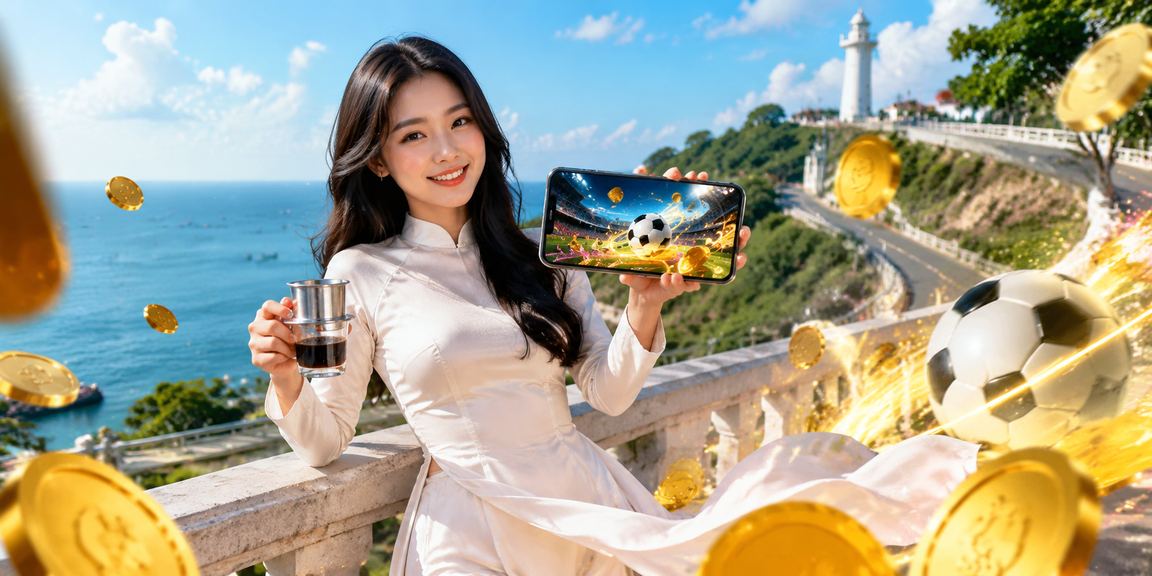 Người phụ nữ mặc áo dài tại Vũng Tàu kiểm tra điện thoại – hình ảnh gợi lên trải nghiệm nhận thưởng chào mừng trực tuyến